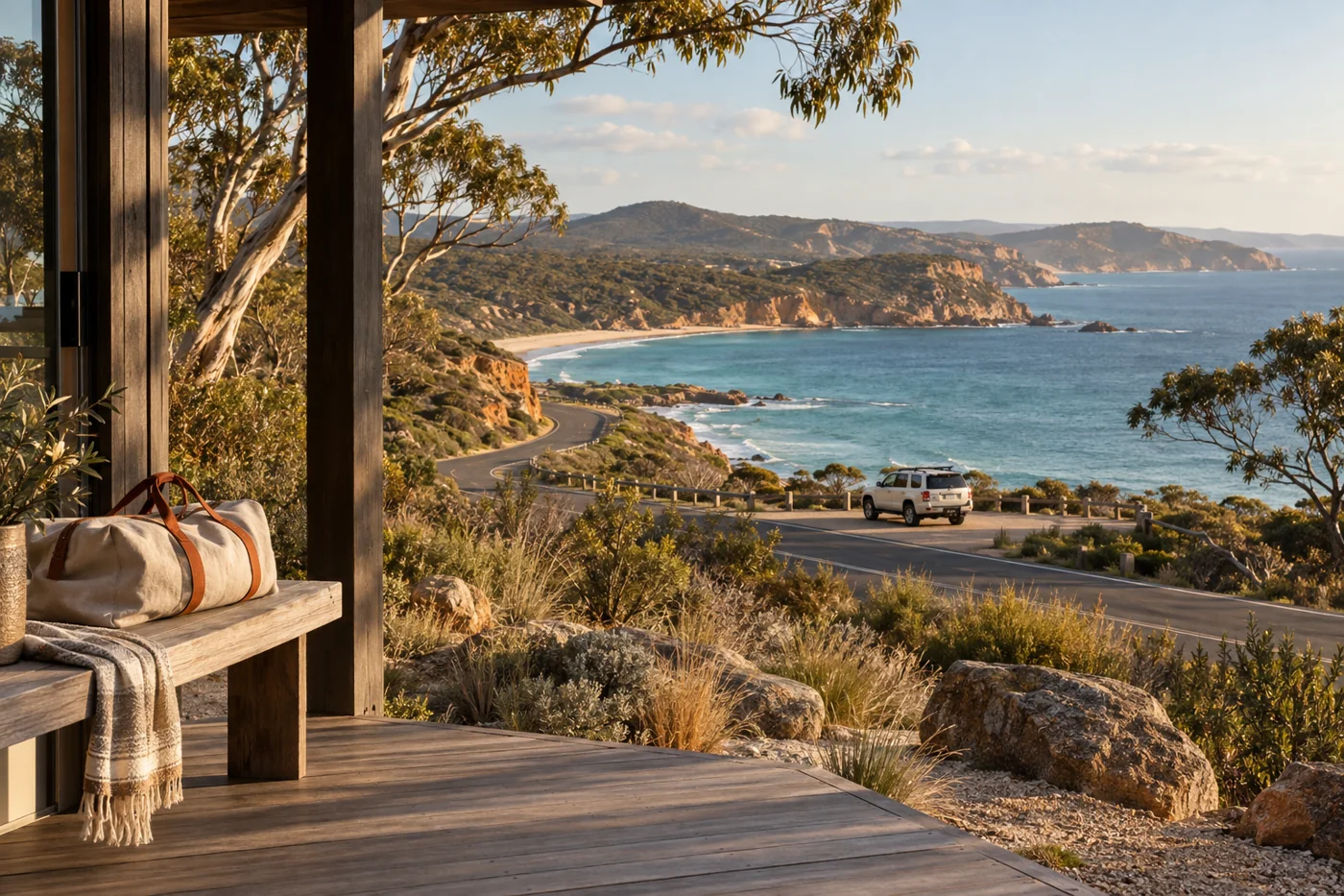 A coastal road and a touring vehicle, viewed from a sunlit verandah.