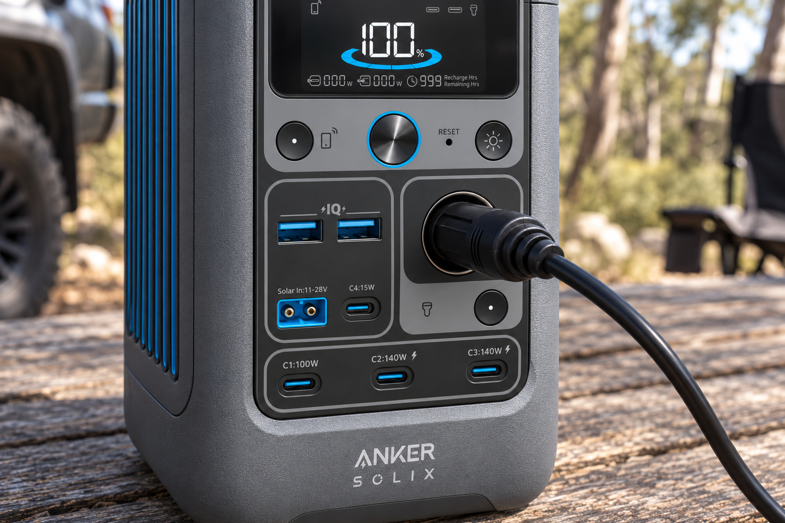 A Starlink Mini 12V lead plugged into the C300 DC’s 12V car outlet, beside its USB-A and USB-C ports