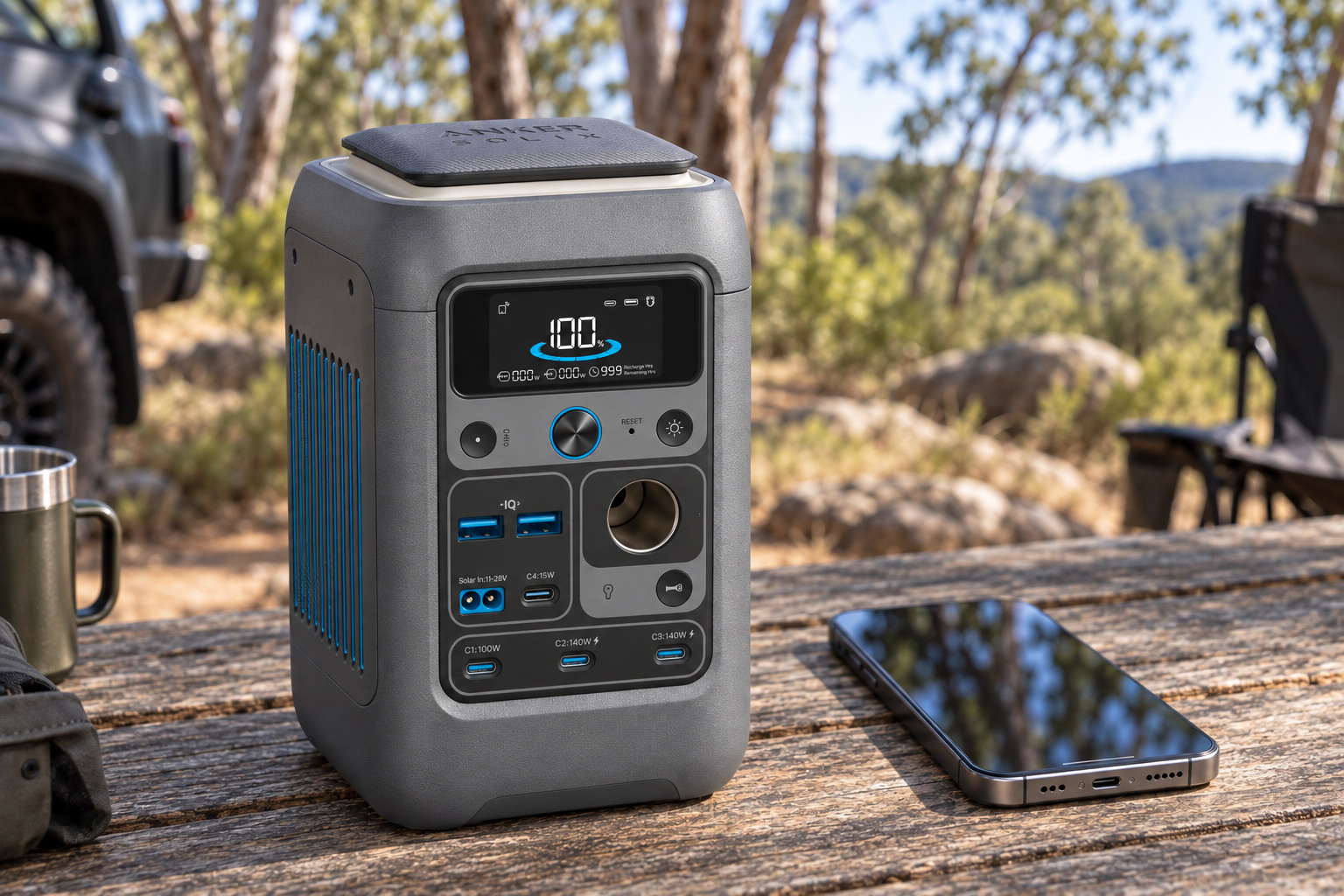 Anker SOLIX C300 DC on a timber camp table beside a smartphone, showing its size and front ports