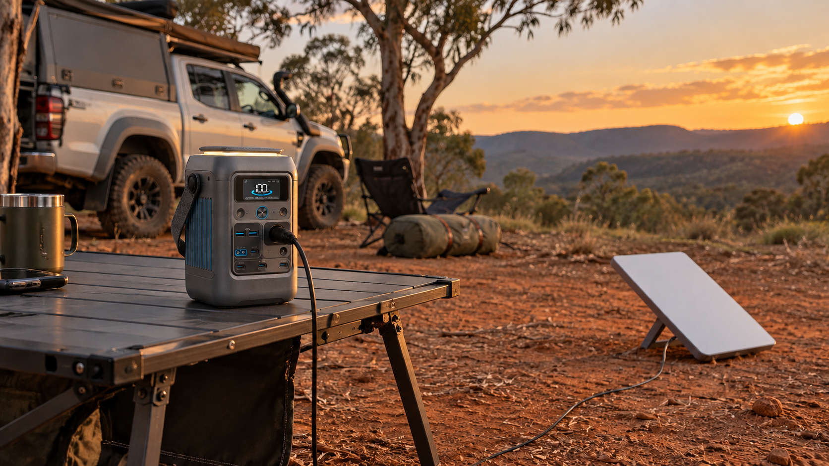 Anker SOLIX C300 DC on a camp table at sunset, running a Starlink Mini from its 12V car outlet