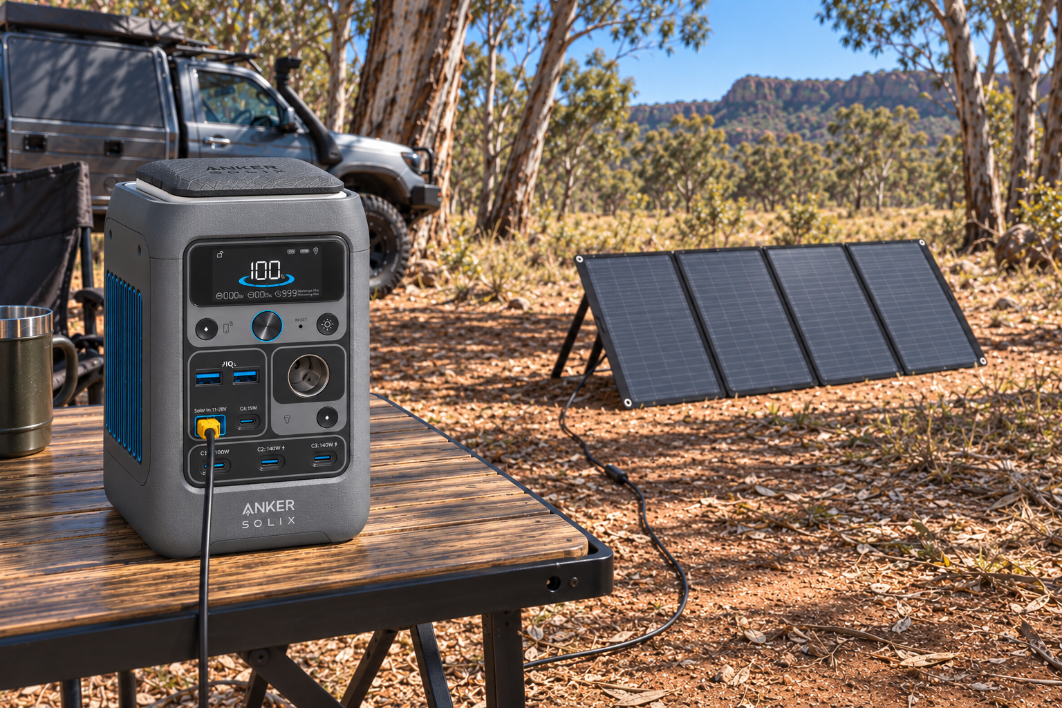 C300 DC charging from a folding solar panel through its XT60 solar input at camp