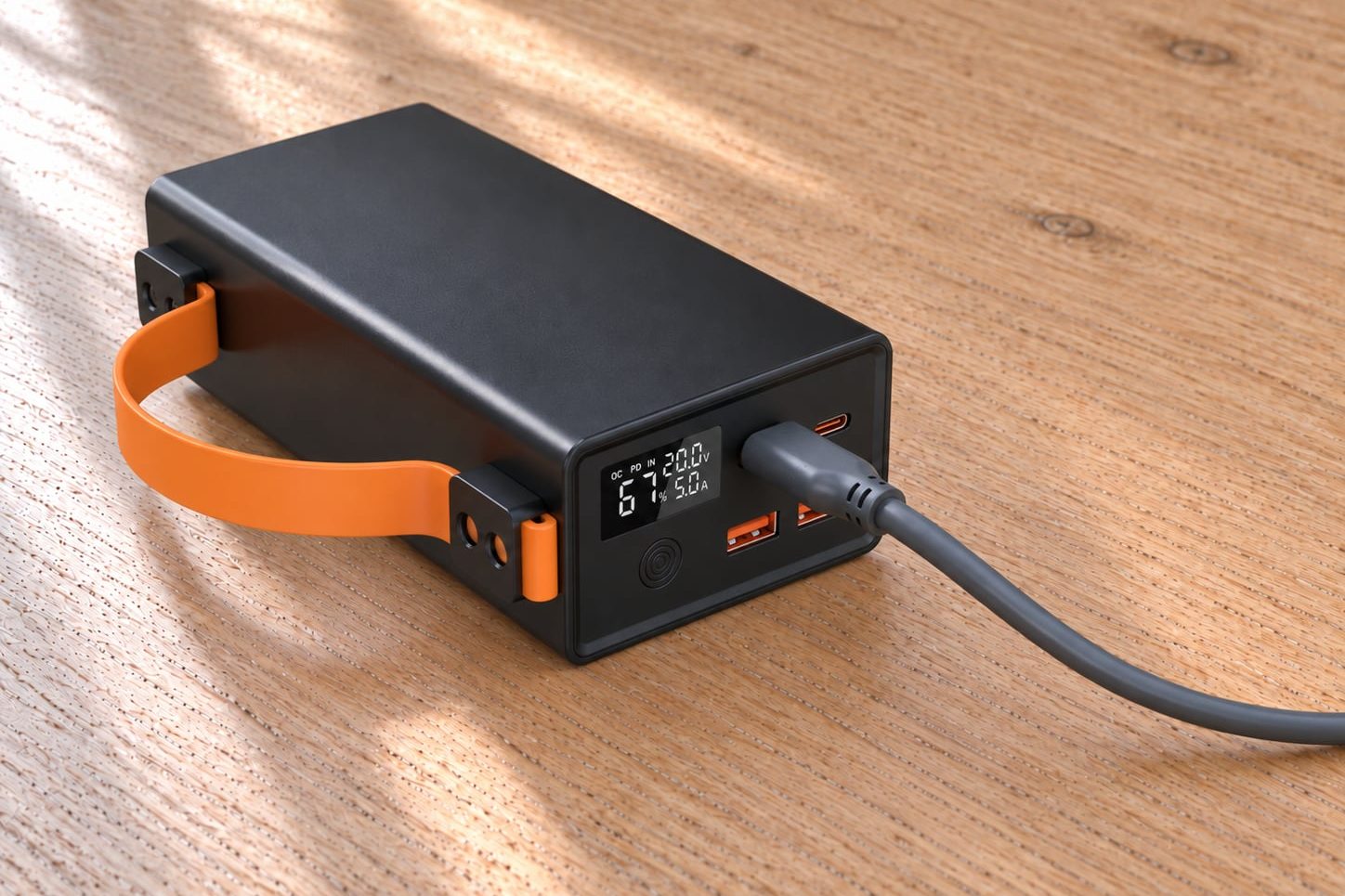 The cable's USB-C end plugged into a USB-C power source