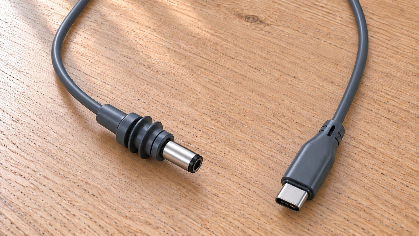 The daboot USB-C cable powering a Starlink Mini from a power bank at camp