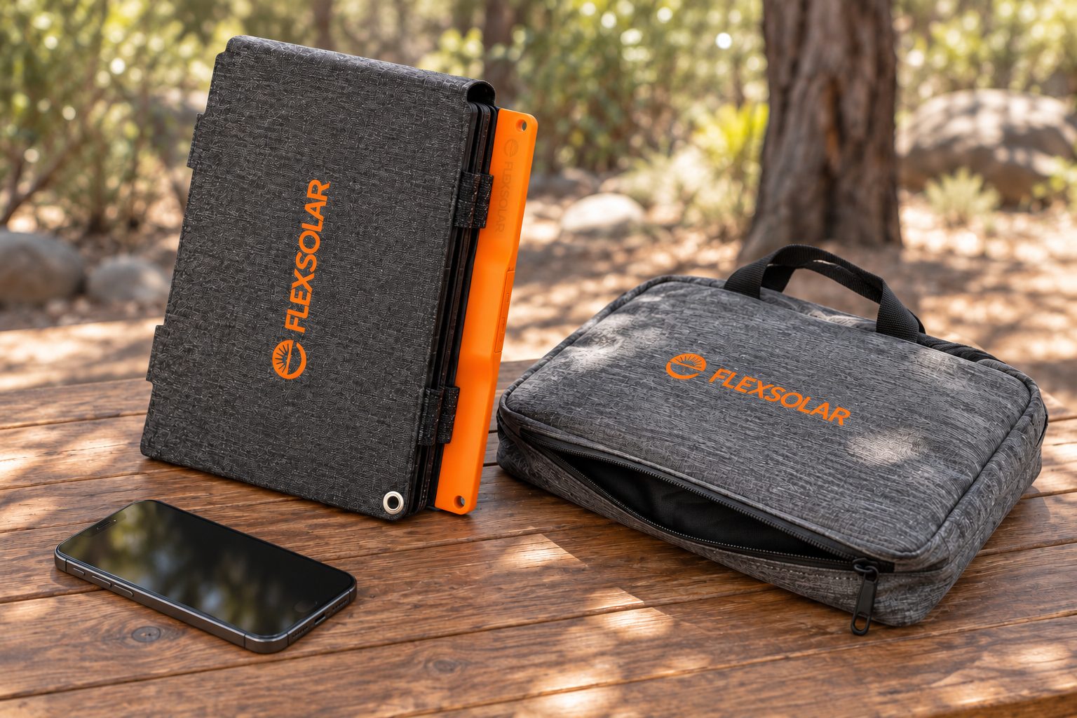 FlexSolar S100 folded closed beside its carry bag and a smartphone, showing how compact it packs