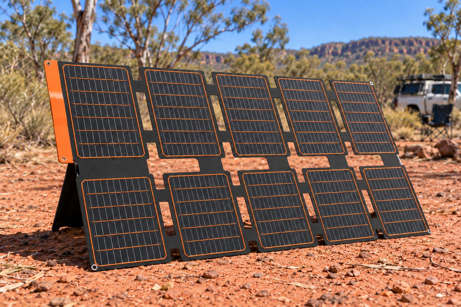 FlexSolar S100 unfolded on its kickstand in full sun on red dirt at a bush camp