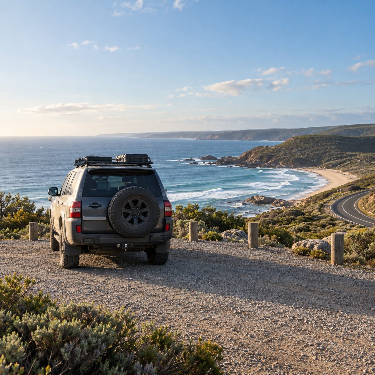 Parked touring vehicle at an Australian coastal lookout beside a winding road