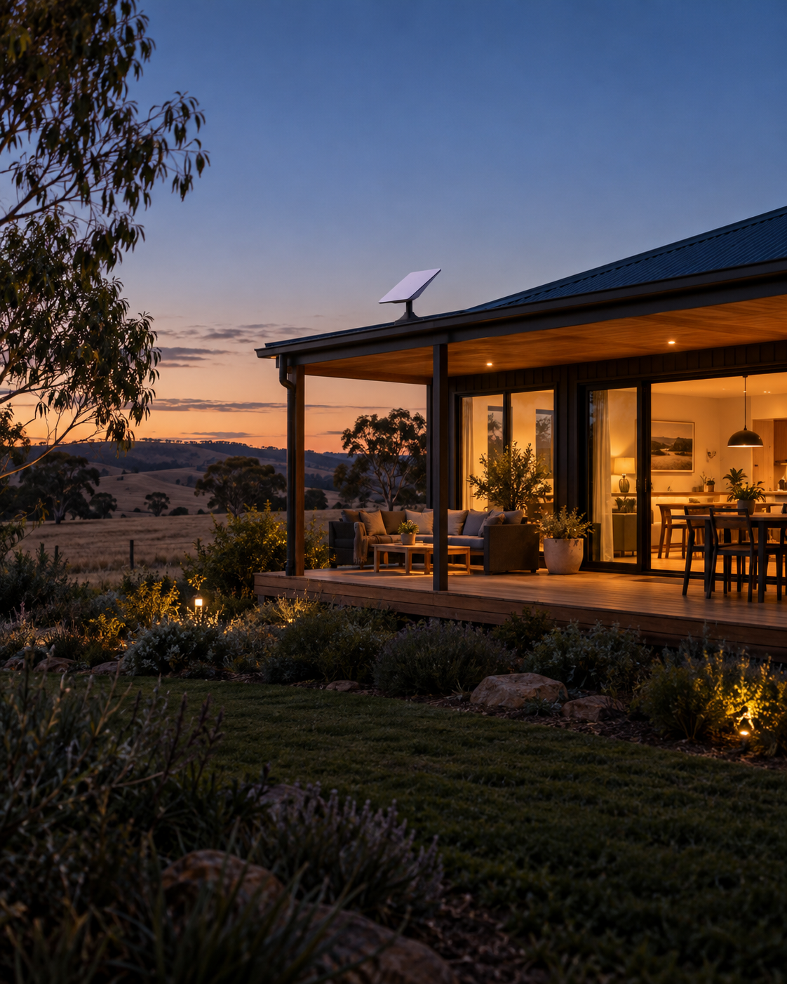 Rural Australian home at dusk with a rectangular Starlink terminal mounted above the veranda