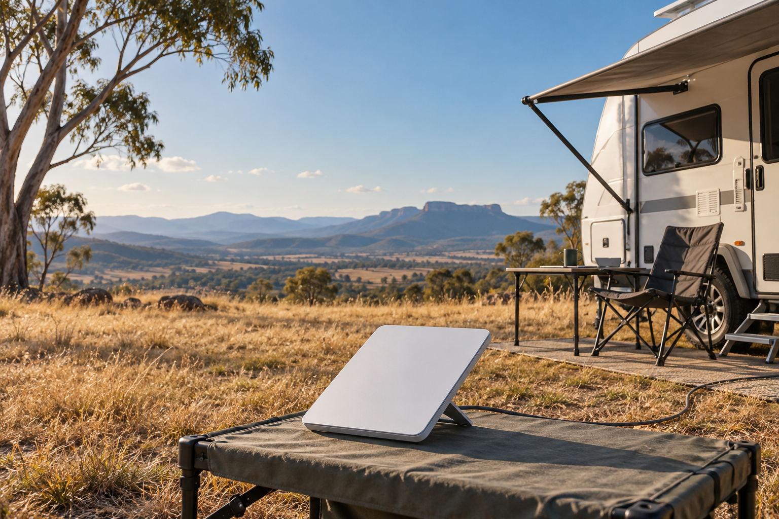 Illustrative Starlink Mini terminal for Australian caravan travel and camping, with an open view toward distant ranges
