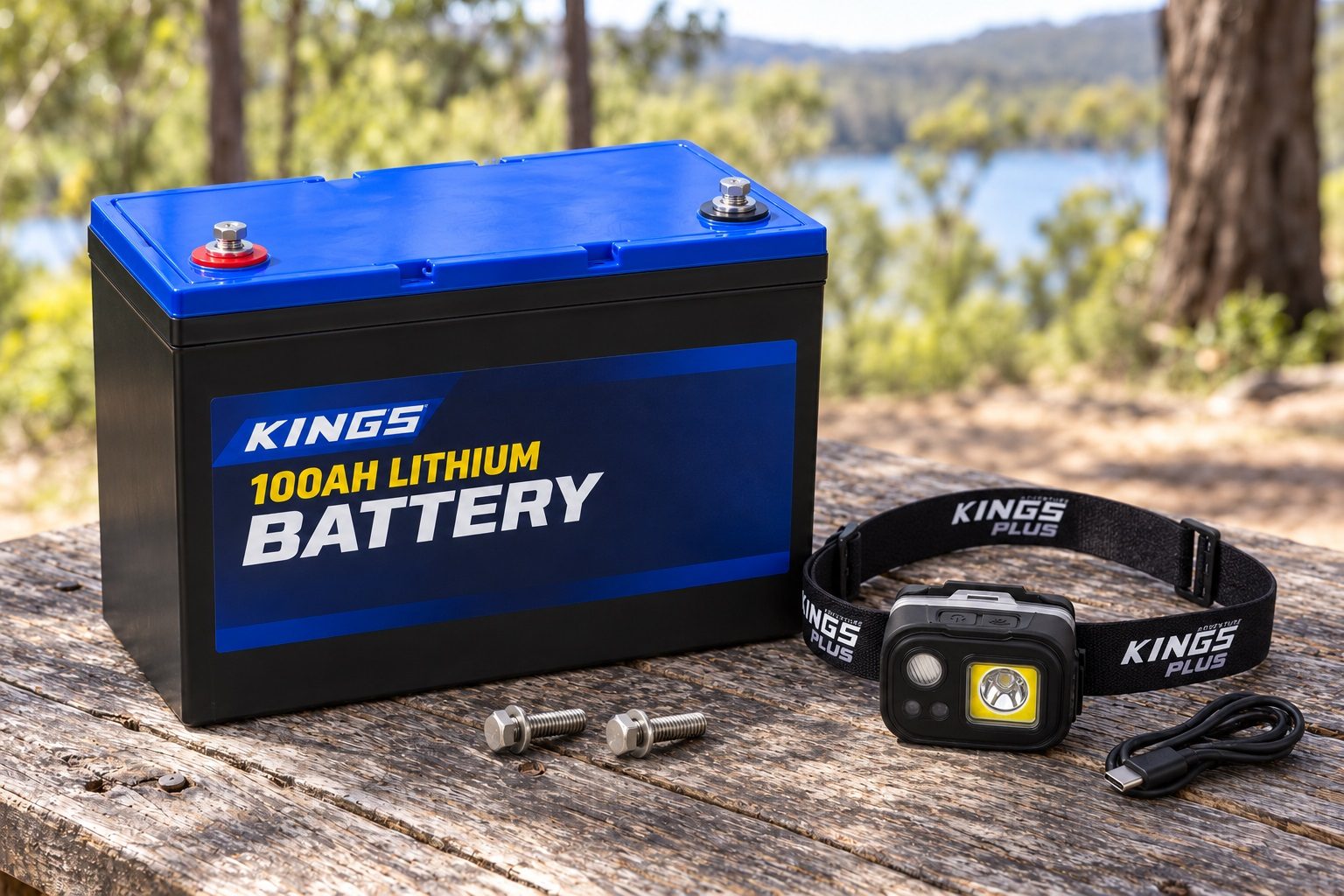 What comes in the bundle: the battery, the terminal bolts and the Kings Plus head torch with its USB-C cable