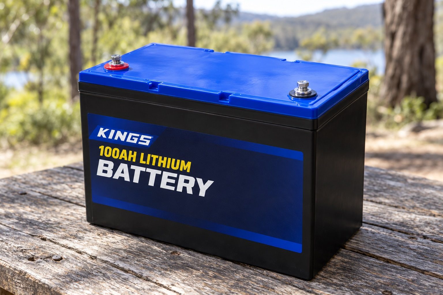 Kings 12V 100Ah lithium battery on its own, showing its label and the two M8 terminals on top