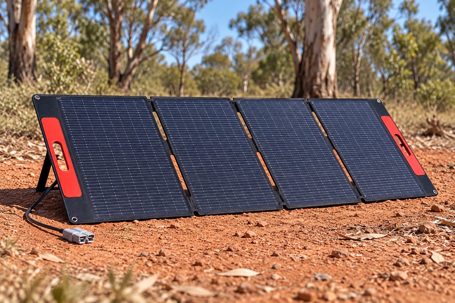 Kings Plus 200W PRO solar blanket unfolded, showing the panels, kickstands and the Anderson plug lead